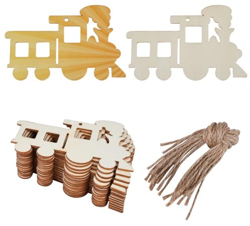 GORGECRAFT 20Stk Zug-Holzausschnitt Fahrzeug Unfertige Holzanhänger Leere Holzscheiben Ornamente 6.5x11.8cm Geschenkanhänger-Hängesets Mit Lochseilen Für Bastelarbeiten Weihnachten Geburtstag