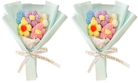 DONGKER Ramo de flores de ganchillo de 2 piezas, kit de ramo de ganchillo colorido para decoración del hogar de San Valentín, celebración, fiesta de Navidad, aniversario