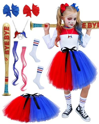BIQIQI Costume da Quinn Bambini, Costume Cosplay di Quinn gonna in tulle con fiocco per capelli, mazza da baseball gonfiabile calzini Costume da Clown per Ragazze Cosplay Costumi Carnevale Halloween