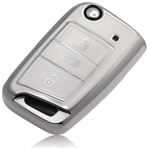 FOAMO Autoschlüssel Hülle Kompatibel mit VW Golf 7, SEAT, Skoda Autoschlüssel TPU Schlüssel-Hülle Schutz-Hülle für Autoschlüssel Weiß-Silber