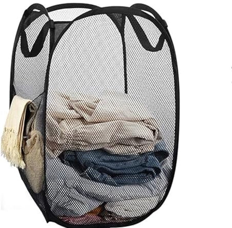 NTEK Foldable Pop-Up Mesh Washing Laundry Basket Bag Bin Hamper Toy Tidy Storage Fabric Organiser | Dirty Clothes Baskets with Handles& Side Pocket | Laundry Baskets Net Bag Clothes Bags (BLACK)