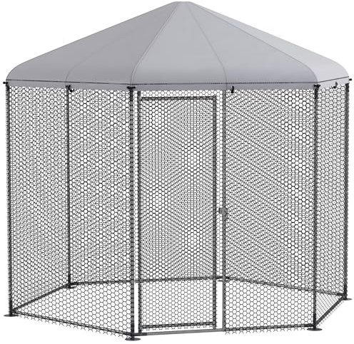PawHut Freilaufgehege Hühnerstall Zwinger Voliere sechseckig außen 5 m² - Gitterpark ABM. 2,8L x 2,45l x 2,46H - überdachter Bereich - verzinkter Stahl - 5/8 Hühner