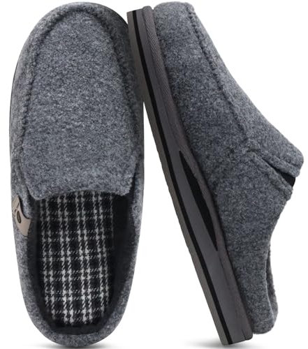 ONCAI Pantofole da Uomo in Comfort Pelo Cotone Strisce Ciabatte da Casa Feltro in Lana Peluche con Memory Foam Supporto Arco Suola in Gomma Grigio Taglia 46
