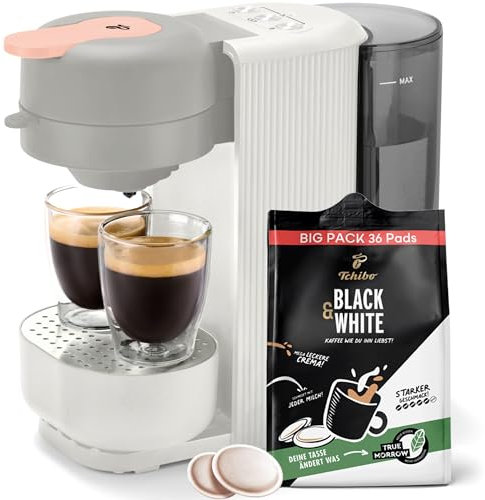Tchibo Kaffeepadmaschine „CALL ME PAD“ inkl. 36 Kaffeepads Black & White, mit Taste für To-Go Becher, für 2 Tassen, schnell und leise, automatische Abschaltfunktion, Weiß