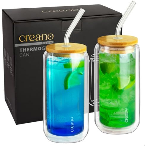 Creano doppelwandige Trinkgläser mit Bambusdeckel & Strohhalm 360ml - Smoothie Becher - Bubble Tea - Cocktailglas - 2er Set