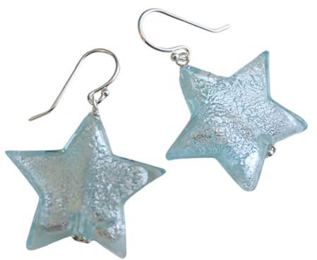 Murano Glas Ohrringe Hellblau 22 mm, Sterne, Sterlingsilber - Geburtstagsgeschenk - Weihnachtsgeschenk - Handgefertigte Geschenkideen für Frauen