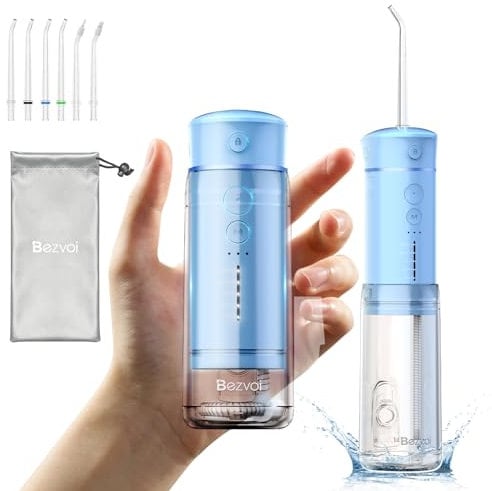 Bezvoi Reise Munddusche Kabellos Zahnreinigung: Oral Irrigator mit 5 Modi, 180ML Wassertank IPX7 Wasserdicht Elektrische Zahnreiniger, Wasser Zahnseide mit 6 Tipps für Reinigung Reisen nach Hause
