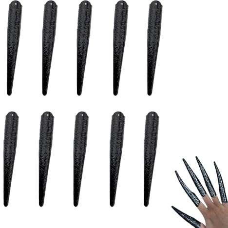 Schwarze Fingernagelspitze, Krallenringe, lang, Vollfingerkrallenring, Set, Vampir, Cosplay, Nägel, Krallen für Halloween, Cosplay, Party, Drama, Tanz, schwarze Krallen für Finger, 10 Stück