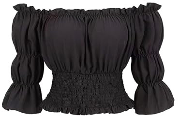 OBEEII Damen Viktorianische Bluse R�schenbluse Renaissance Blusen Kurzarm Off-Shoulder Top Oberteile Smocked Taille Mittelalter Bluse Karneval Halloween Pirat Bauer Kost�m Schwarz M
