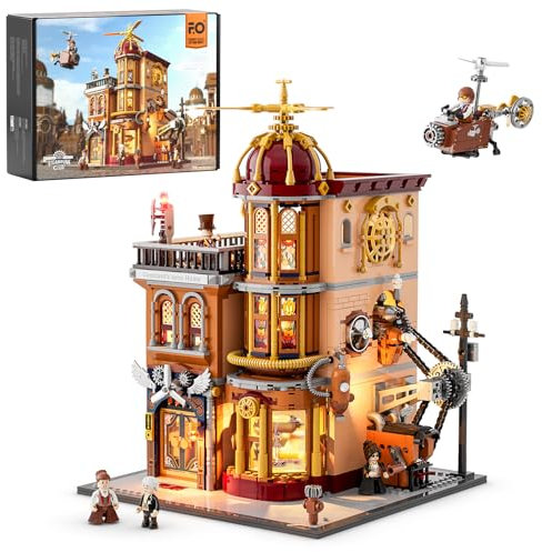 FUNWHOLE Steampunk Flugclub Beleuchtetes Baustein-Set - 1858 Teile Modularer Baukasten Sammler-Set für Erwachsene und Jugendliche