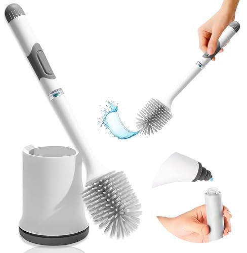 Escobilla Baño con Dispensador de Jabon - Escobilla WC - Escobilla de Baño de Silicona - Escobillas de Baño Recargable con Deposito - Escobilla con Soporte Adhesivo Pared (Blanco - Gris Oscuro)