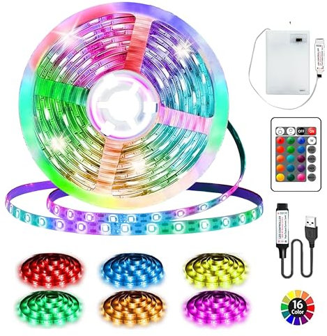 Bande LED à piles, 3 m, 90 LED RVB 5050, bande alimentée par piles ou USB, avec intensité variable, 16 couleurs, peut être coupée pour rétroéclairage TV, chambre à coucher, armoire, décoration de fête