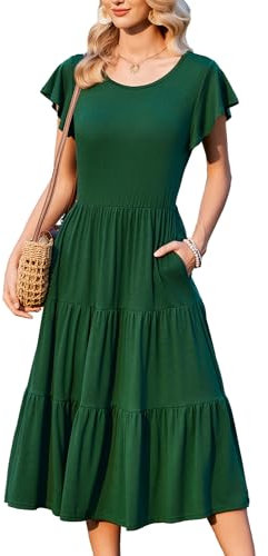 Zeagoo Sommerkleid Damen Lang Maxikleid Sommer Rundhals Kleid Strandkleid Leicht und Luftig Kleider Midikleider mit Taschen Elastischer Taille Dunkelgrün L