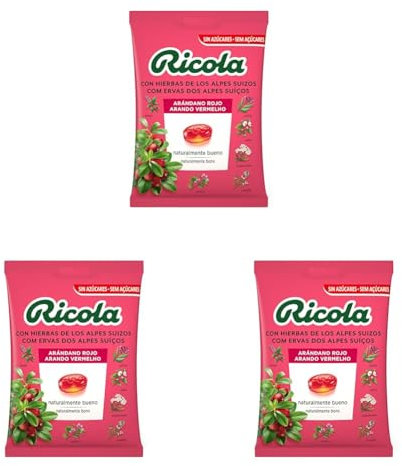 Ricola - Arándano Rojo, Caramelos Duros, Refresca y Alivia la Garganta y las Vías Respiratorias, 13 Hierbas Suizas y Aceites Esenciales, Sin Azúcar, con Edulcorante - Bolsa 70 g (Paquete de 3)