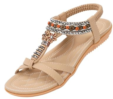 ZOEREA Womens Flat Sandals Summer Rhinestones Flower Flip Flops Ladies Elastic T-Strap Bohemian Shoes Fit Vacation D-Beige,9 UK