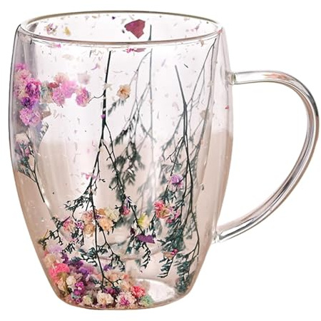 Dubbulon Blumen Doppelschicht Glasbecher - 350ml Latte Macchiato Kaffeegläser Teegläser, Schöne Teetasse Mit Griff, Thermogläser Doppelwandig, Isolierte Kaffeetasse Für Kalte Und Heiße Getränke
