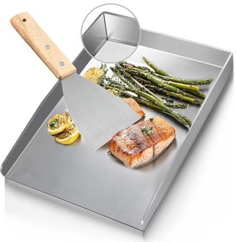 Plancha grillplatte Hergestellt aus 4 mm massivem Edelstahl[40x30cm], plancha grill mit Grillwenden und einer Bürste, plancha gasgrill mit versiegelten Ecken, perfekt für Gas- und Holzkohlegrills