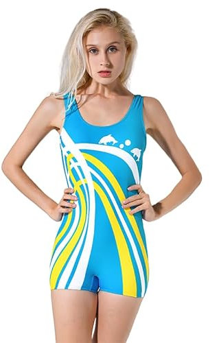 FUNSEED Einteiliger Damen-Badeanzug, Wasser-Aerobic, Wettkampf-Badeanzug, Blau, XL