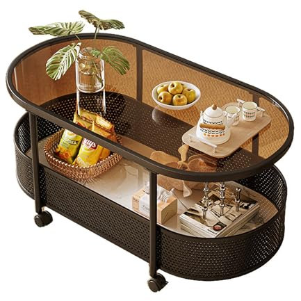 Mesa de centro de cristal con estantes de almacenamiento duales, diseño ovalado sobre ruedas, mesa moderna para sala de estar o cocina