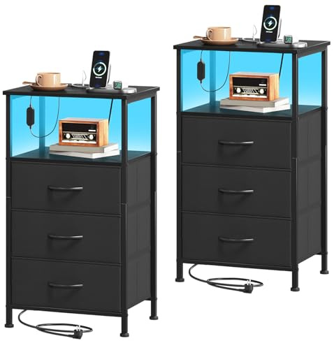 Somdot Nachttisch Schlafzimmer, Steckdose, 3 Schubladen, 2er-Set, Schwarz | Nachtkästchen Nachtschrank, Stoffschubladen, LED & 2 Steckdosen, 1 USB-A & C, offene Fächer, Wohnzimmer, 30T x 40B x 72H