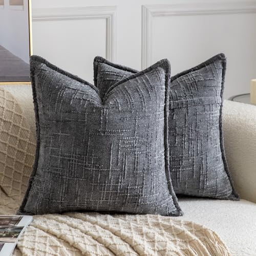 Madizz 2er Set Chenille Dekorativ Kissenbezüge Weiche neutrale Wurfkissen für Sofa Boho Akzent Zierkissenbezüge für Schlafzimmer Wohnzimmer Modernes Zuhause Dekor Dunkelgrau 45x45 cm