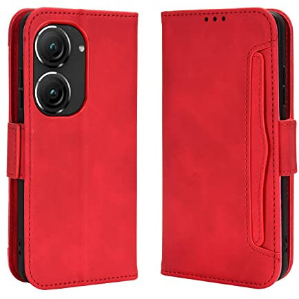 Jiajihua Coque Compatible avec ASUS Zenfone 10 5G / 10z,Compatible avec ASUS Zenfone 9 5G / 9z [Double Fente pour Carte][Stand][Étui pour téléphone Portable][Fermeture magnétique] Portefeuille Red