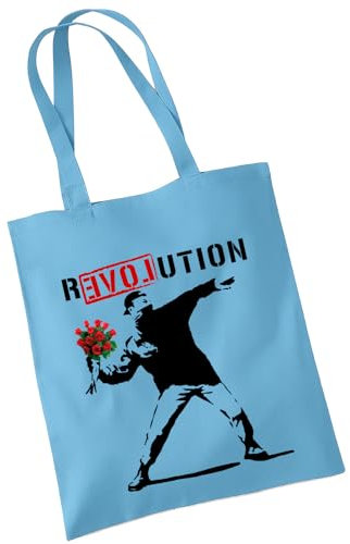 OM3 Baumwolltasche mit Spruch - Love Stencil Banksy R-Love-UTION - Statement - Baumwollbeutel - Tasche - Lange Henkel - Sky Blue
