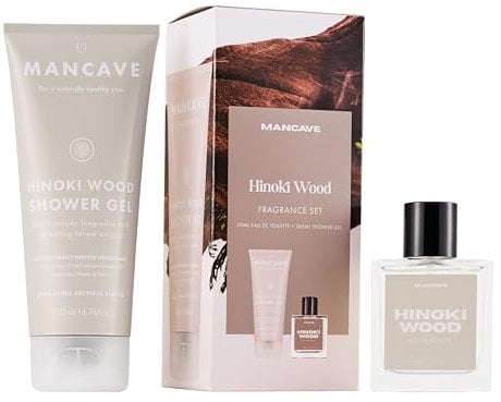ManCave Hinoki Wood Men's Fragrance Gift Set, 50ml Hinoki Eau de Toilette, 200ml Hinoki Shower Gel, Natural Woody Men's Perfume Set, Fragrance Set, fragrance kit for him