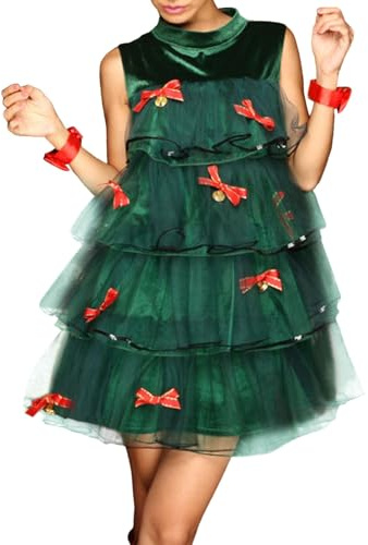 Generisch Frauen Legere Kleider Grünes Weihnachtsbaum-Kostüm für Erwachsene Festliches Outfit für Weihnachten Tutu-Stil Kleid für Damen