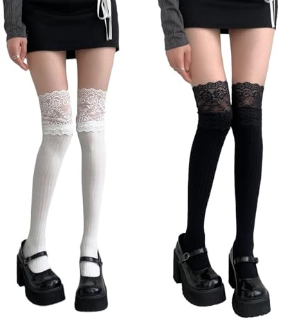 FOSDICK 2 Paire Chaussettes Hautes Femme, Chaussettes Montantes, Chaussette Chaude D'Hiver de Bottes, Chaussette Longues avec Sexy Dentelle Ajourée pour Femmes Filles Vêtements de Tous Les Jours