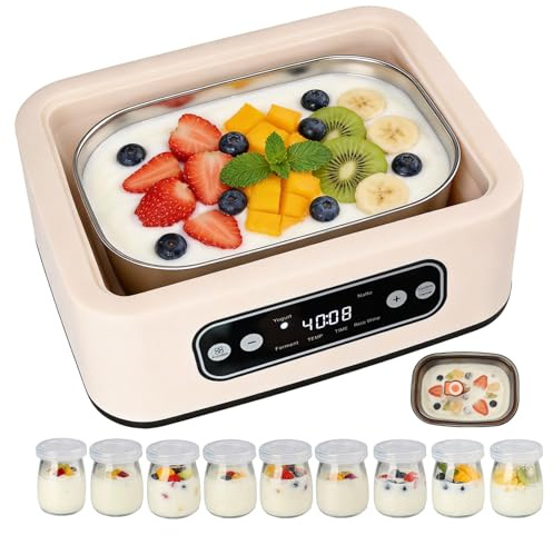 Yogurt Maker with, Real-Time Countdown, Temp & Timer Control (1-99h),Temp Control 21°C-48°C, 1.6L Stainless Steel Inner Pot + 9 Dishwasher-Safe Jars – Effortless Homemade Greek & Probiotic Yogurt