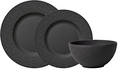 Villeroy & Boch Manufacture Rock Teller-Set 6-teilig, Schwarz, Tafelservice für 2 Personen, Speiseteller ø 27 cm/Frühstücksteller ø 22 cm/Bol ø 14 cm, Premium Porzellan, Schiefer-Optik