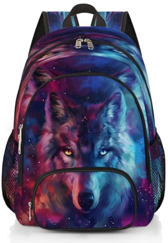 Mexpekil Aniaml Schulrucksack mit Wolfs-Galaxie-Kunstmalerei, große Schultasche für Mädchen, Jungen, Kinder, wasserdichter Laptop-Rucksack für Damen und Herren, leicht, Wandern, Reiserucksack, 43,2 cm