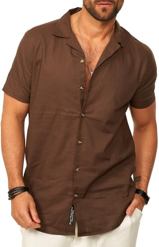 behype. Herren Hemd als Kurzarm Leinenhemd - Freizeithemd im Regular-Fit mit Reversekragen Sommerhemd - Strandhemd im Sommer-Look für Männer