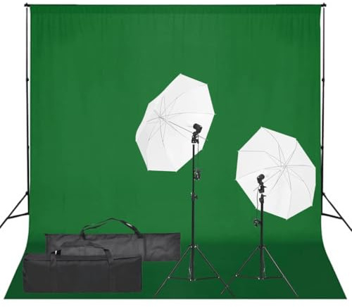 Kaloriko Fotostudio-Set mit LED Tageslichtlampen, Aluminium Stativen, dimmbarer Beleuchtung, 2 weißen Schirmen, 300x300 cm grünem Hintergrund, Tragetaschen für Fotografie, Streaming