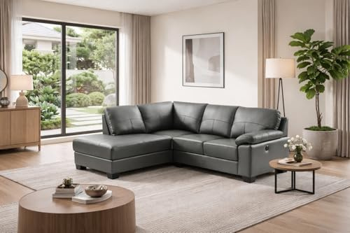 SC Furniture Ltd Grey High Grade Genuine Leather Corner Sofa BROOKLYN (Left Hand Facing) + USB Charging Ports