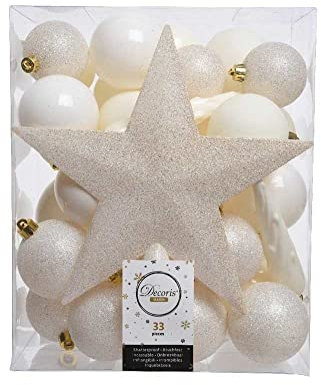 Weihnachtskugeln mit Christbaumspitze Stern Kunststoff 33er Set bruchsicher Ivory Elfenbein
