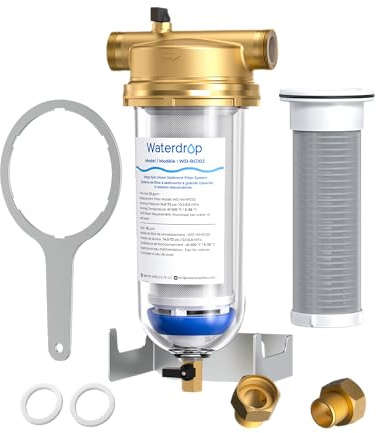 Waterdrop Mega Spin Down Sediment Filter, Upgraded Reusable Backwash Whole House Water Filter System for City/Well Water, 50 Micron+100 Micron, 1 MNPT + 3/4“FNPT, BPA Free