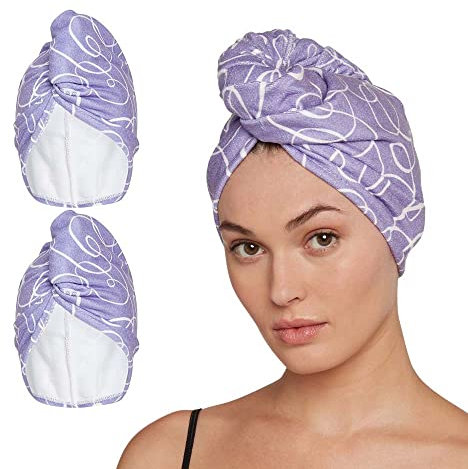 Turbie Twist Mikrofaser-Haarhandtuch für Damen und Herren, 2 Stück, Zubehör für das Badezimmer, schnell trocknender Haarturban zum Trocknen von gelocktem, langem und dickem Haar (Purple Signature)