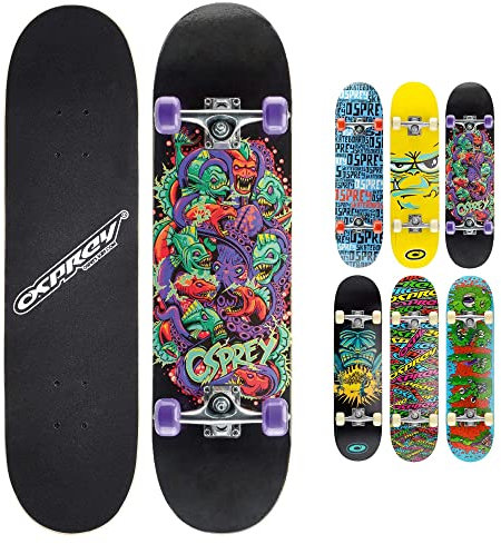 Osprey Komplettes Skateboard, 78,7 x 20,3 cm, Double Kick, 9-lagiges chinesisches Ahorn-Deck für Kinder, Jugendliche, Erwachsene und Anfänger, Piranha, mehrere Designs