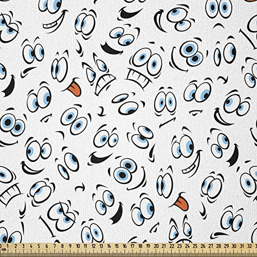 ABAKUHAUS Emoji Stoff als Meterware, Sad Hot Happy Face Moods, ausdehnbar mit Elestan für Heimwerkarbeiten und Näharbeiten, 1Meter, Weiß