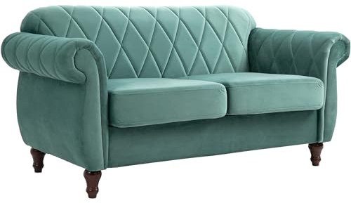 HOMCOM Divano 2 Posti in Legno e Velluto Verde, Spessa Imbottitura, Divano per 2 Persone Design Vintage Rétro, 148 x 72 x 76cm