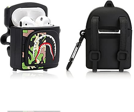Suublg Lustiger Airpods-Rucksack mit niedlichem Cartoon-Design, 3D-Schultertaschen-Design, Silikon-AirPods-Schutzhülle, Ladeabdeckungen, kompatibel mit Airpods Kopfhörer 1 und 2 (BlackShark)