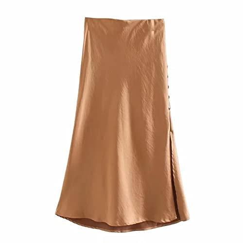 QBQZXAOSOWH Hübscher Rock Damen Eleganter, Glatter Satin-Midi-Langrock, Mode, A-Linie, Swing, Hohe Taille, Frauen, Lässig, Mittlere Wadenröcke, Weiblich, Rosa M A-Kh