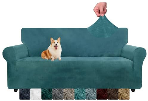 CHELZEN Samt Couchbezüge 3-Sitzer Dicke Stretch Sofa Bezüge für Hunde Haustiere rutschfeste Sofa Slipcover Waschbare Möbel Schutz für Wohnzimmer (3 Sitzer, Pfauen Blau)