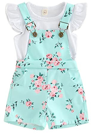 ZZLBUF Toddler Baby Girl Summer Overall Outfit Ruffle Sleeve Tops T-Shirt + Floral Suspender Shorts Pockets Clothes Set (Floral Green, 4-5 Years)
