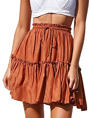 Hoerev Damen Mädchen Floral ausgestellter kurzer Rock niedlich hohe Taille Rüschen Rock Strand Minirock,Orange,Größe M