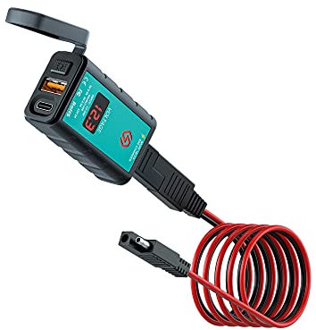 Dual USB Motorrad Steckdose, Ruspela SAE- Ladegerät Motorrad SAE zum USB- Adapter USB- Ladegerät USB+ Typ- C PD Dual- Port Schnellaufladung mit Switch- Voltmeter- Anzeige für Telefone GPS- Tablet