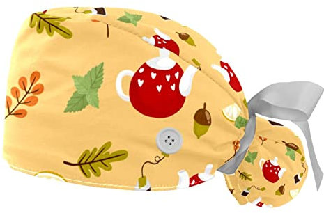 DHH166 2 paquetes de gorras de trabajo con botones, banda para el sudor, gorras quirúrgicas impresas para mujeres, olla de té de otoño y bellota, multicolor, Talla única
