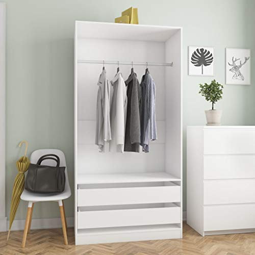 Mehrzweckschrank mit 2 Schubladen, 1 großes Fach mit einer Hängestange, Kleiderschrank Dielenschrank Schlafzimmerschrank für Kleidung, Garderobe Kleiderstange für Schlafzimmer Flur, 100x50x200 cm